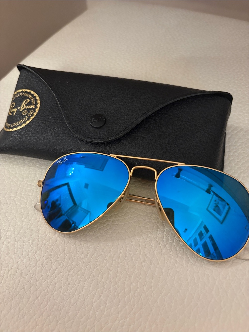 Ray-Ban Gold Frame Sunglasses with Blue Lenses